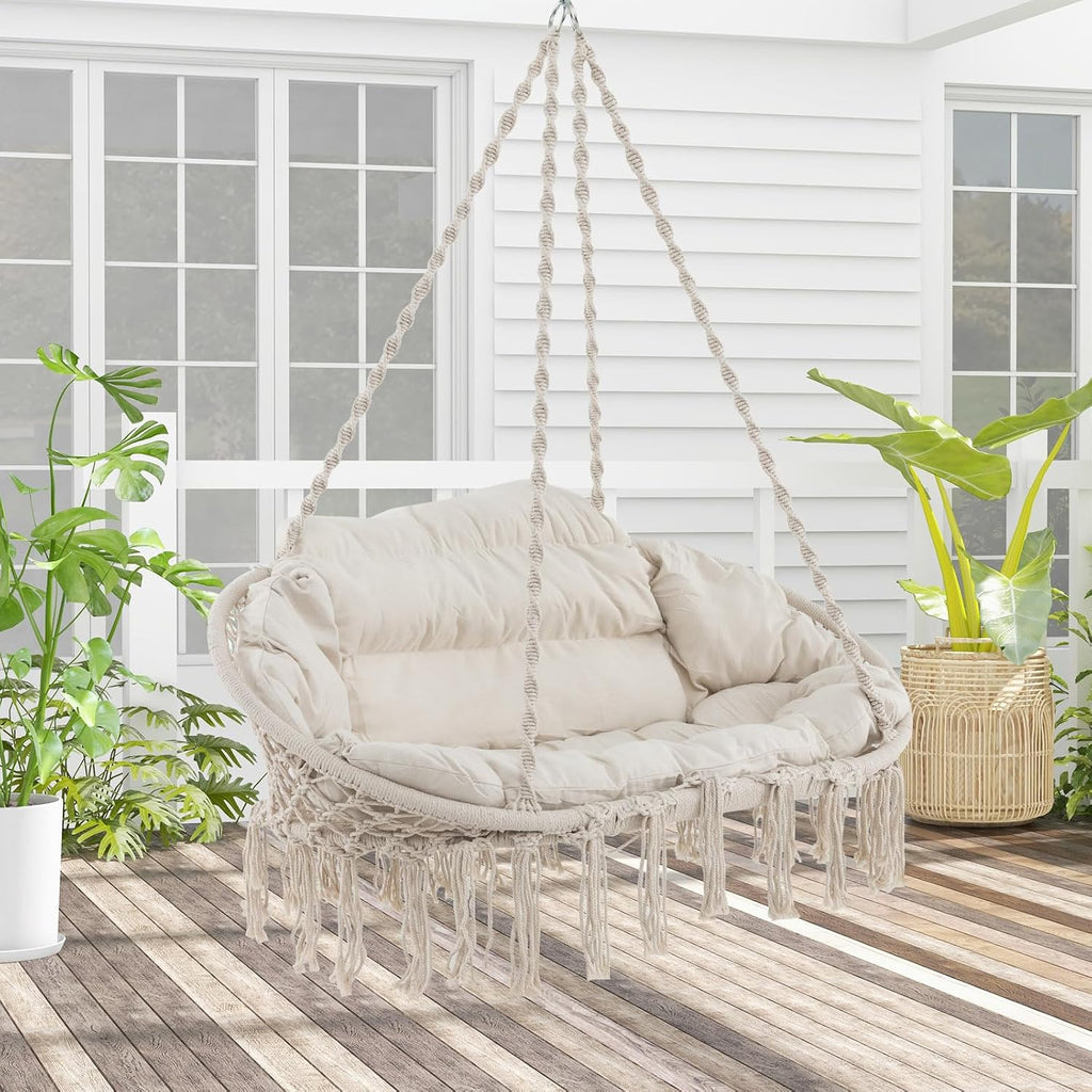 Giantex Hammock Chair, Macrame Hanging Chair with Removable Cushion, Romantic Tassels, Outdoor Indoor Rope Chair for Relax in Bedroom, Porch, Balcony, Backyard, Max 440 lbs, Swinging Chair, Beige