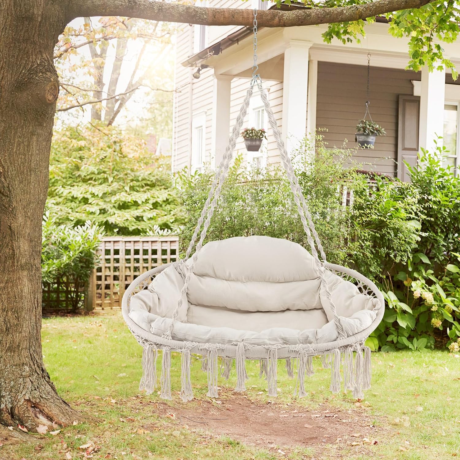 RELAX4LIFE Hammock Macrame Swing Chair - Swinging Chair w/Removable Cushion & Handwoven Tassels, Max 440 LBS, Indoor Outdoor Hanging Chair for Bedroom Patio Porch, Boho Hammock Swing (52 x 26 inch)