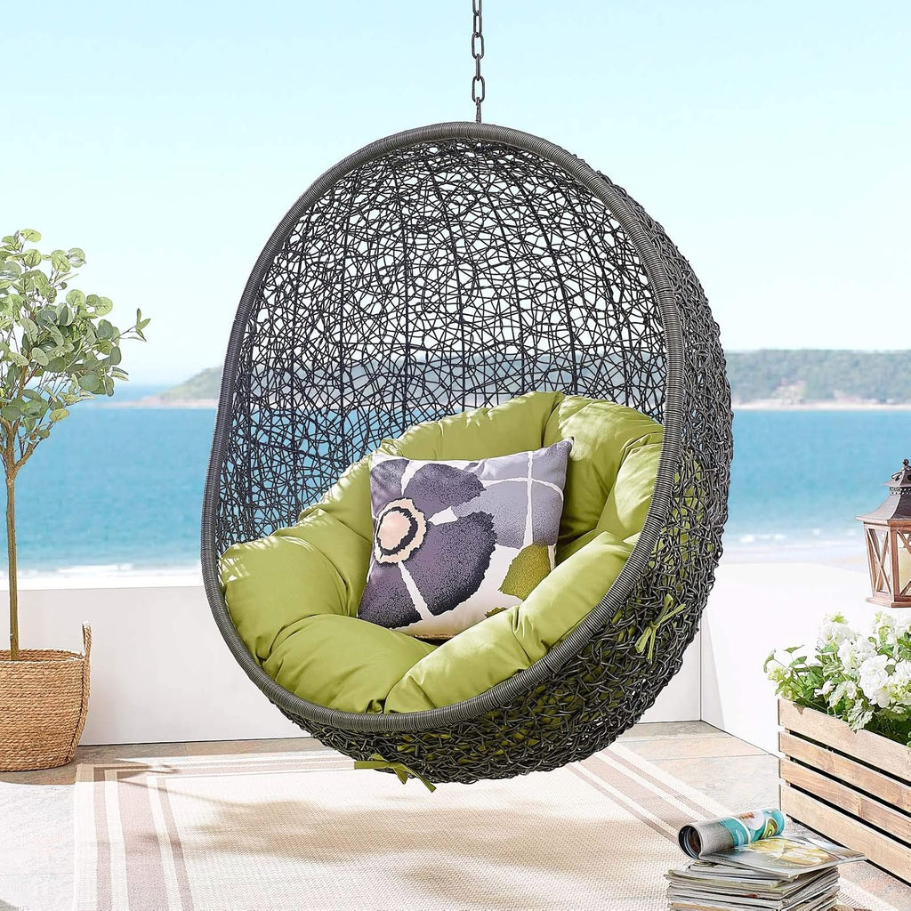 Modway Hide Wicker Rattan Outdoor Patio Porch Lounge Egg Swing Chair Set with Stand in Gray Peridot