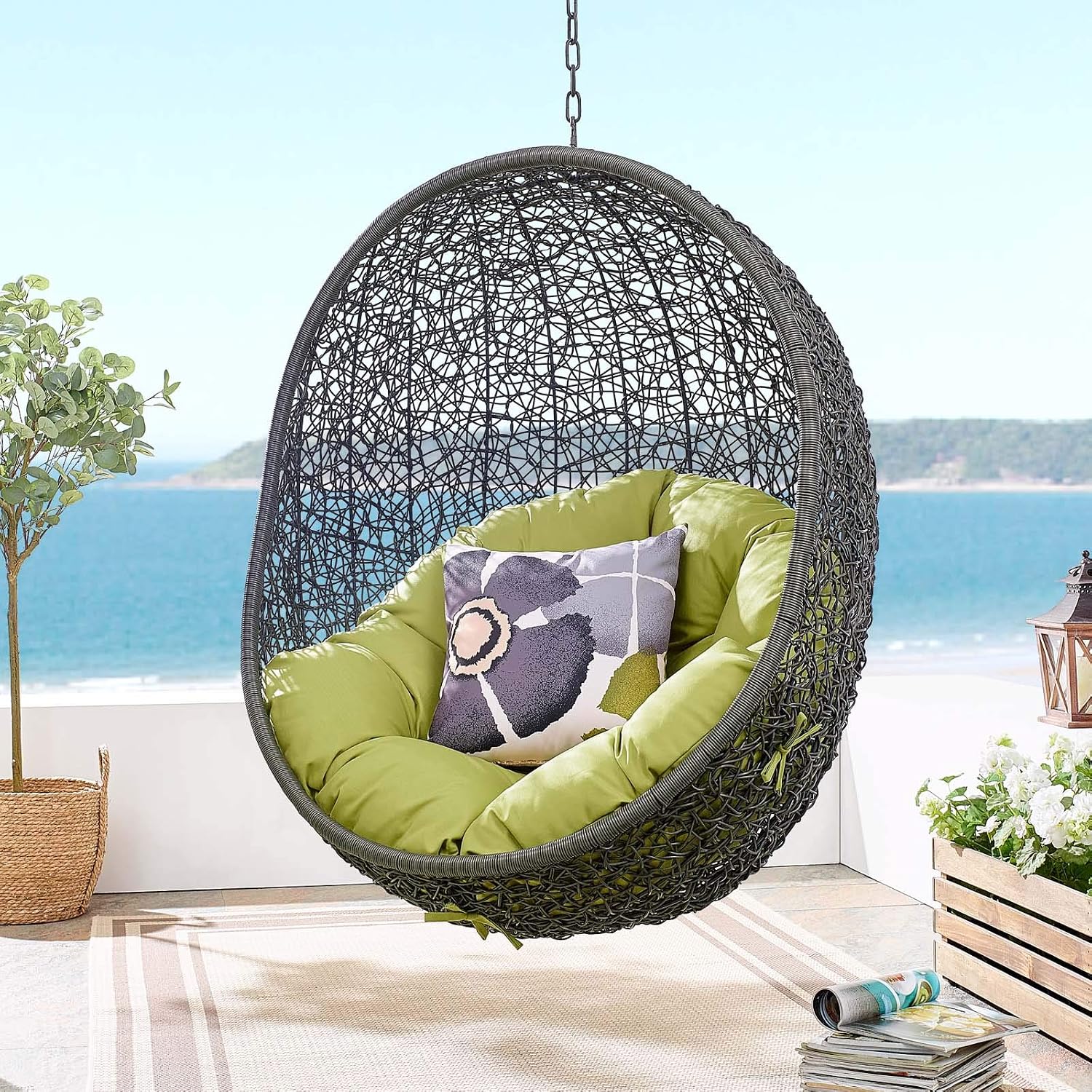 Modway Hide Wicker Rattan Outdoor Patio Porch Lounge Egg Swing Chair Set with Stand in Gray Peridot