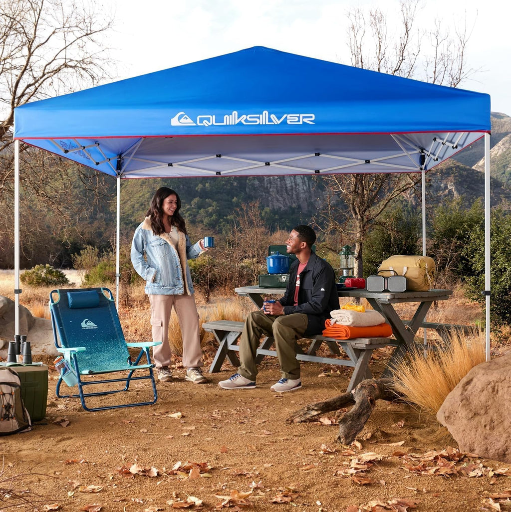 QUIKSILVER Blue 10x10 Pop Up Canopy Shade Tents for Outdoors - Foldable Gazebo Tent, Portable Shade for Yards, Beach, Parties Also Includes a Wheeled Carry Bag
