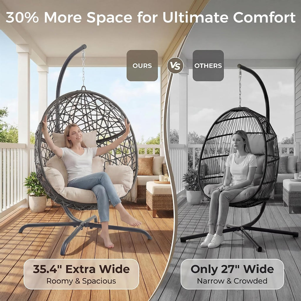 RADIATA Oversized Hanging Egg Chair with Stand, Large Indoor Outdoor Swing Chair with Cushion, 350lbs Wicker Bird Nest Eggshell Basket Chairs, Patio Swinging Hammock Chair for Bedroom Garden, Beige