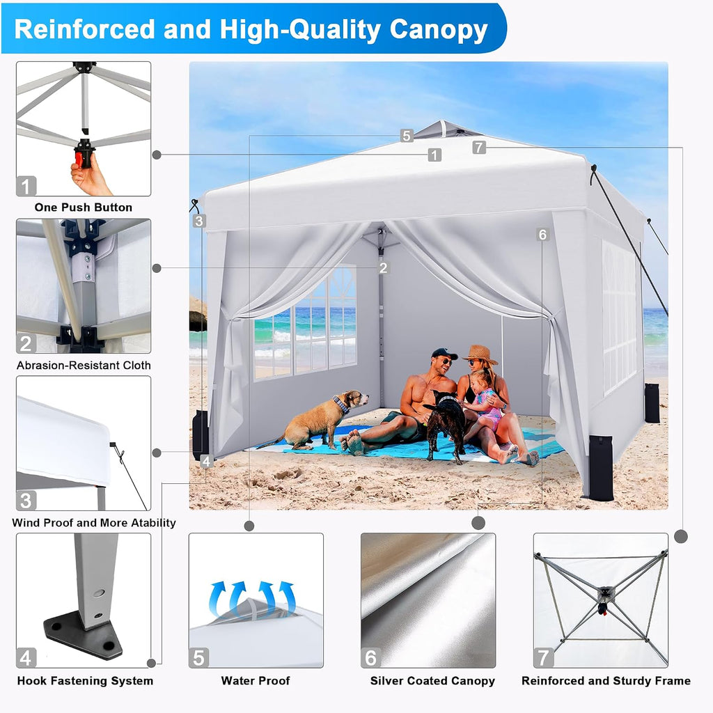 SANWAY 10x10 Pop Up Canopy Tent with Sidewalls x 4 – Easy Setup Canopy Tent, Waterproof, UV-Resistant, Portable with Carry Bag for Outdoor Events, Camping, and Backyard Parties – White