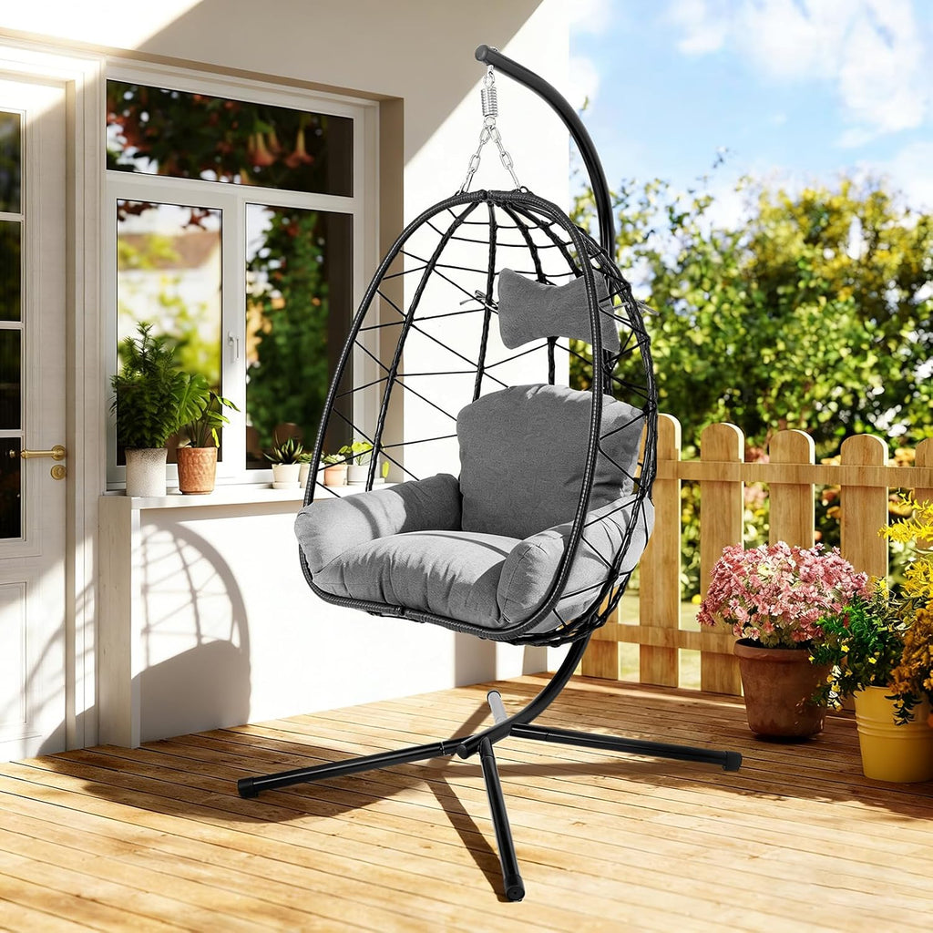 Egg Chair with Stand, Wicker Hanging Chair for Outdoor Patio, Cushioned Hammock Swing for Bedroom Garden Indoor/Outdoor, Double-Zipper Structure Hanging Egg Chair (Black and Dark Gray)