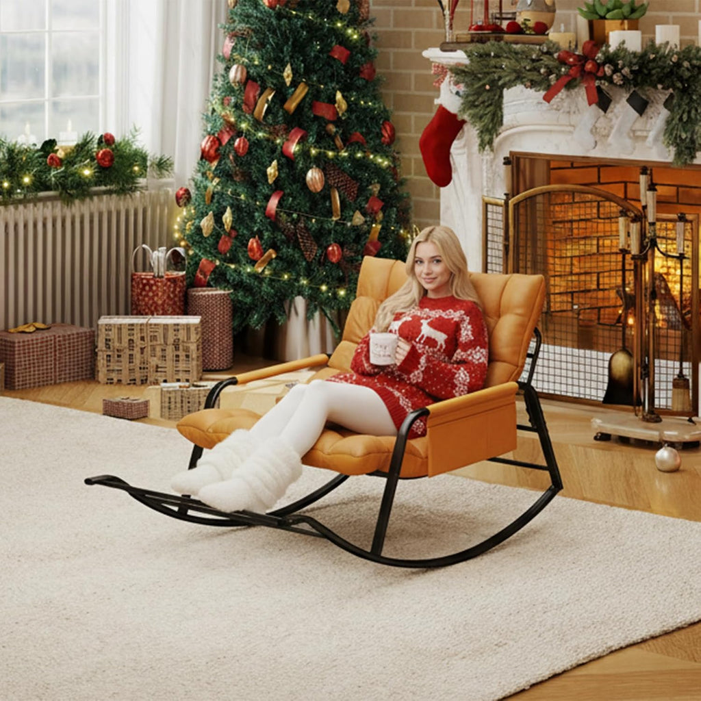 Oversized Indoor Rocking Chair, Plush Papasan Chair with Comfy Padded Cushions & Side Pocket, for Patio Garden, Porch, Lounge, Outdoor, Orange