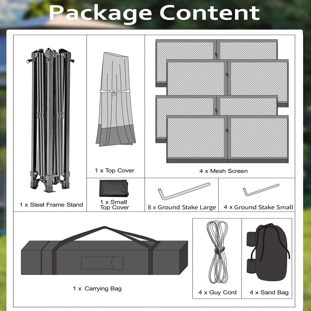 11x11ft Gazebo Tent with Mosquito Netting, Pop Up Gazebo, Mesh Screen with 4 Ropes, 8 Stakes, 4 Sandbags and Storage Bag, Outdoor Canopy for Backyard & Patio Furniture