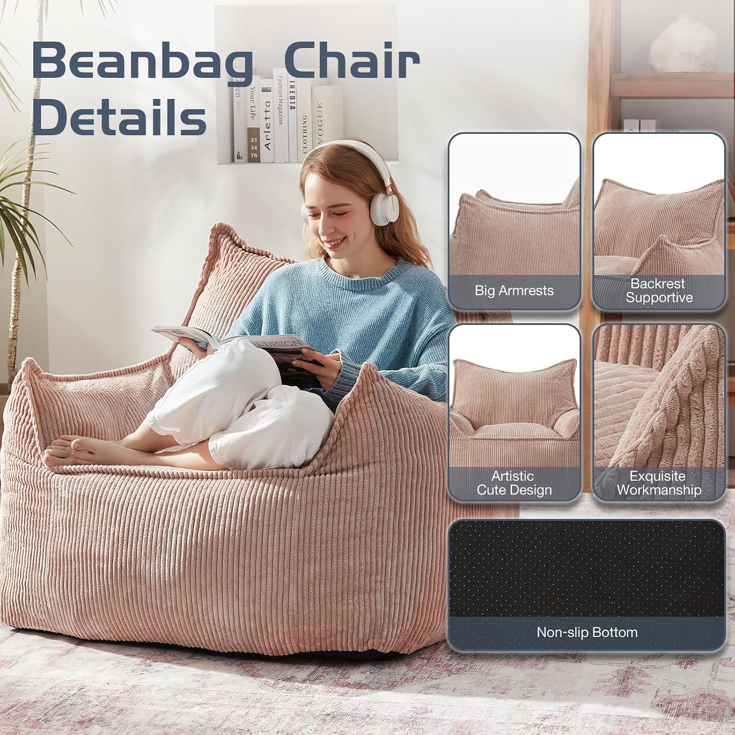 EBENCHICO Giant Bean Bag Chair Sofa for Adults Teens, Comfy Corduroy Large Bean Bag Chairs with Armrests for Bedroom Living Room, Adult BeanBag Lazy Sofa Couch Chairs with Filler Included