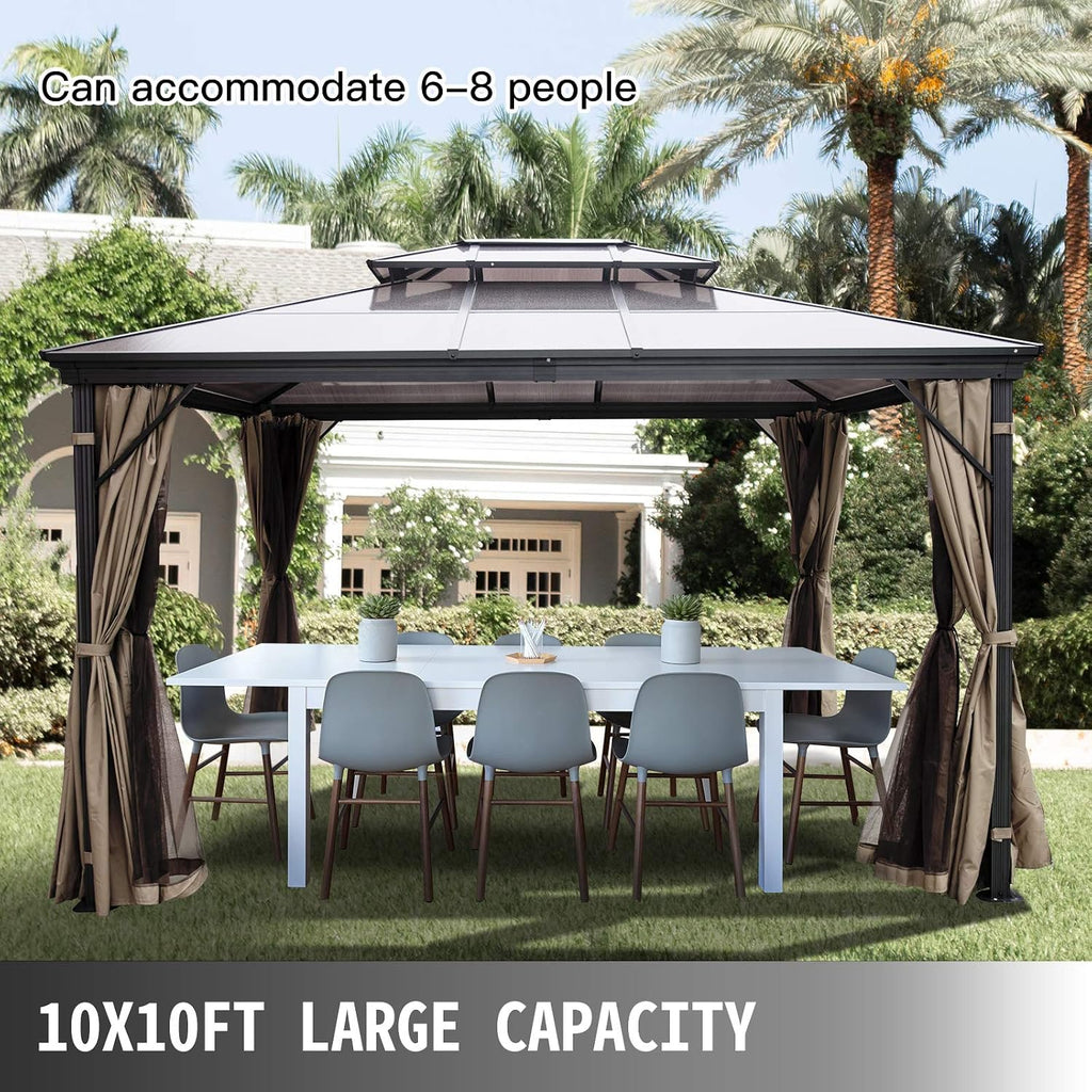 Happybuy Polycarbonate Hardtop Roof Gazebo 10' x 10' with Netting - Metal Gazebo Aluminum Permanent Double Tier Roof- Gazebos for Patios, Backyard, Outdoor and Lawn