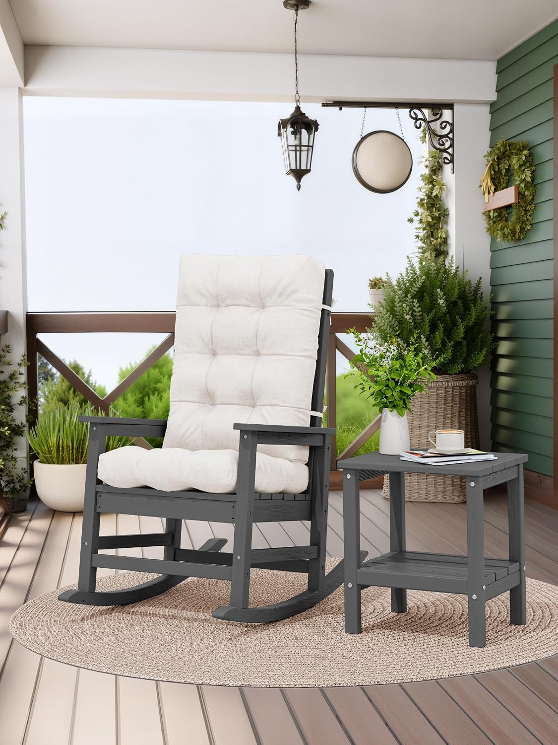 KINGYES Oversized Outdoor Rocking Chair with Cushion, All-Weather Patio Rocking Chairs, HDPE Porch Rocker for Adults, 350 lbs Capacity, Grey Chair with Beige Cushion