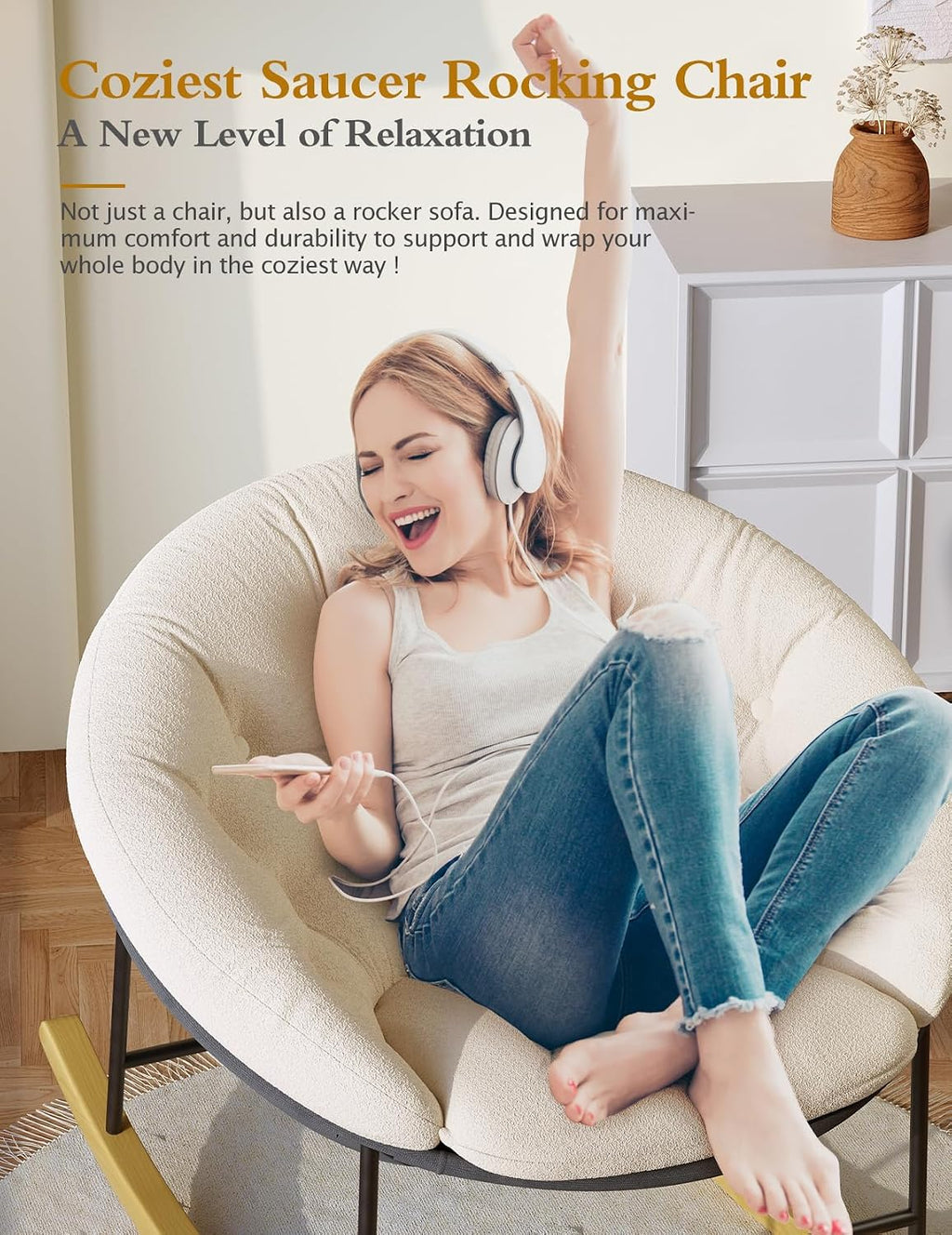 Kidirect Wide Rocking Chair Nursery, Comfy Saucer Nursery Rocking Chairs with Removable Cushion, Indoor Papasan Nursing Chair for Breastfeeding, Mecedora Para Adultos for Living Room & Bedroom (Cream)