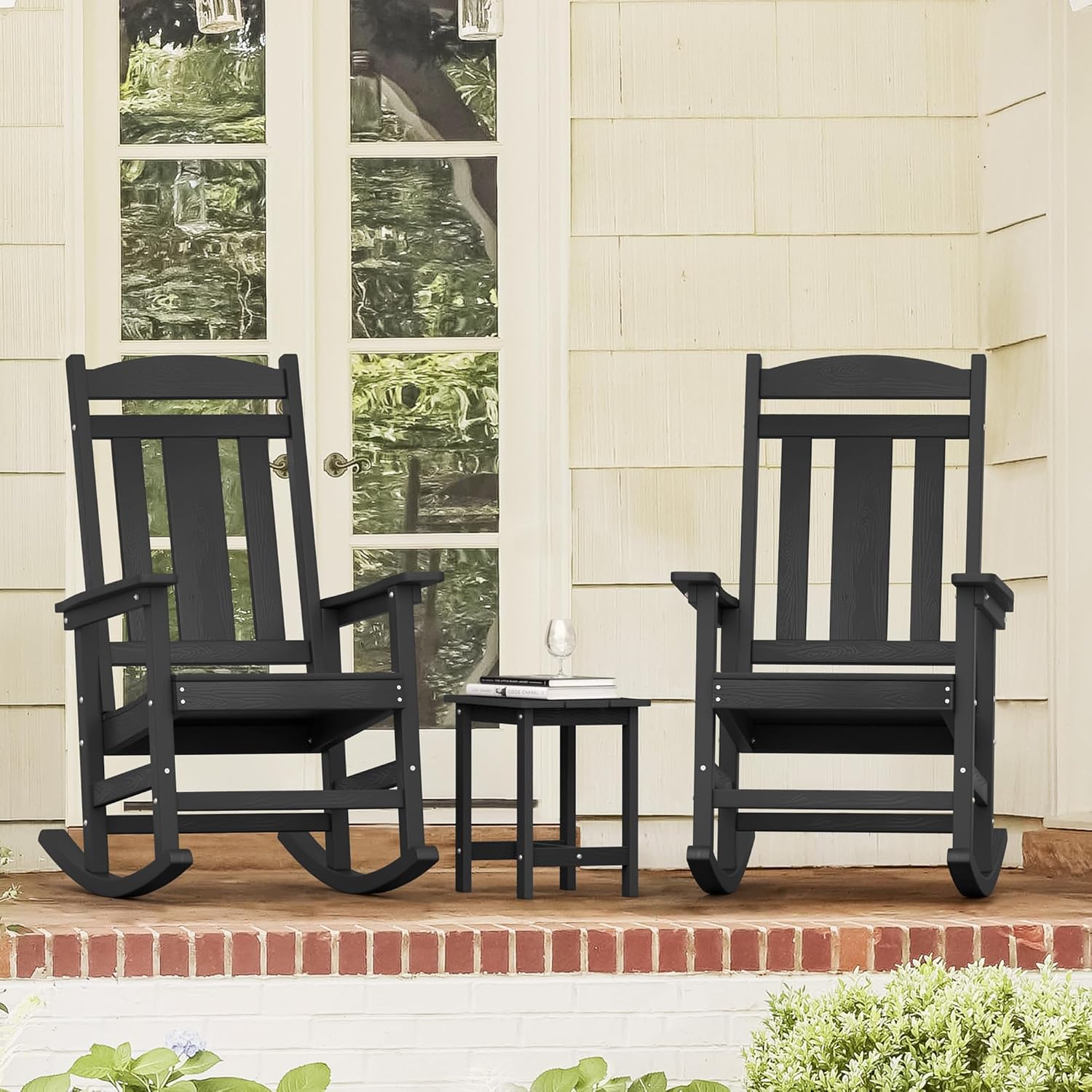 LUE BONA Outdoor Rocking Chairs Set, 3-Piece, HDPS Poly Porch Rockers with Table, Plastic Weather Resistant Rocking Chair Set for Outdoor Indoor, Garden, Backyard, 350lb, Black Chairs+Table