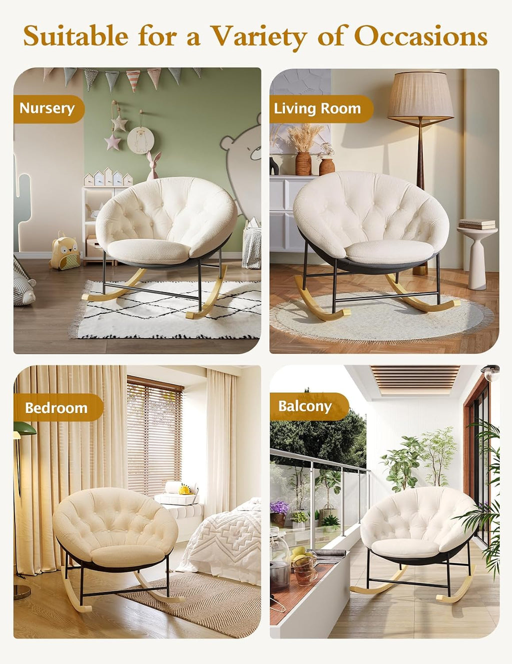 Kidirect Wide Rocking Chair Nursery, Comfy Saucer Nursery Rocking Chairs with Removable Cushion, Indoor Papasan Nursing Chair for Breastfeeding, Mecedora Para Adultos for Living Room & Bedroom (Cream)