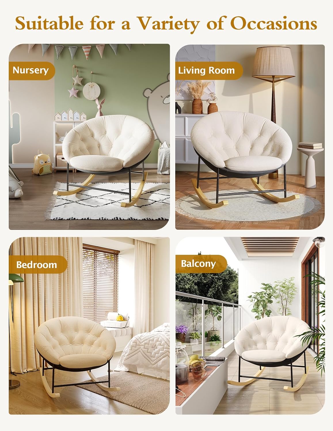 Kidirect Wide Rocking Chair Nursery, Comfy Saucer Nursery Rocking Chairs with Removable Cushion, Indoor Papasan Nursing Chair for Breastfeeding, Mecedora Para Adultos for Living Room & Bedroom (Cream)