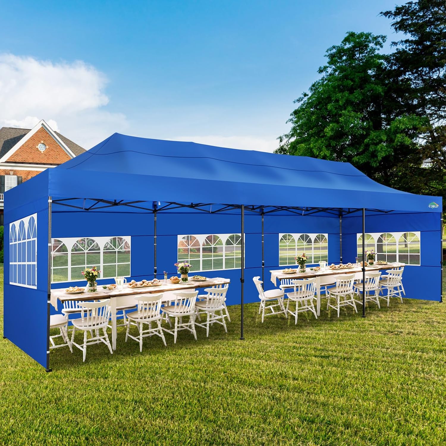 COBIZI 10x30 Pop up Canopy with 8 Removeable Sidewalls, Heavy Duty Party Tents for Parties, Events and Weddings, UPF 50+ Waterproof Commercial Tent with Roller Bag, Blue (Windproof Upgraded)