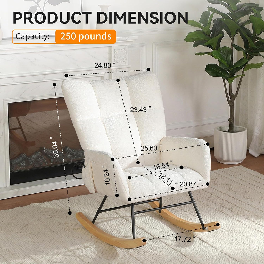 Rocking Chair with Airbag, Comfy Modern Reading & Nursing Nursery Rocking Chair Indoor, Cozy Upholstered Glider Rocker Chairs for Living Room Bedroom Offices, (Chenille, White)