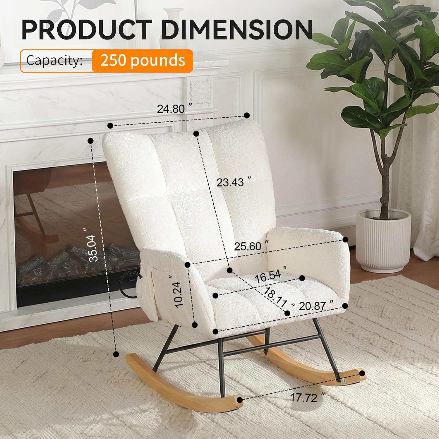 Rocking Chair with Airbag, Comfy Modern Reading & Nursing Nursery Rocking Chair Indoor, Cozy Upholstered Glider Rocker Chairs for Living Room Bedroom Offices, (Chenille, White)
