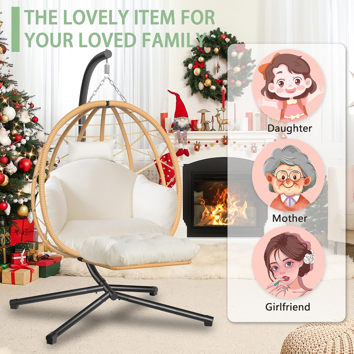 Hanging Egg Chair with Stand and Leg Rest Outdoor Indoor Swing Rattan Wicker with UV Resistant Cushions Gift for Kid Mom Girlfriend use for Bedroom Patio Balcony Nest Chair
