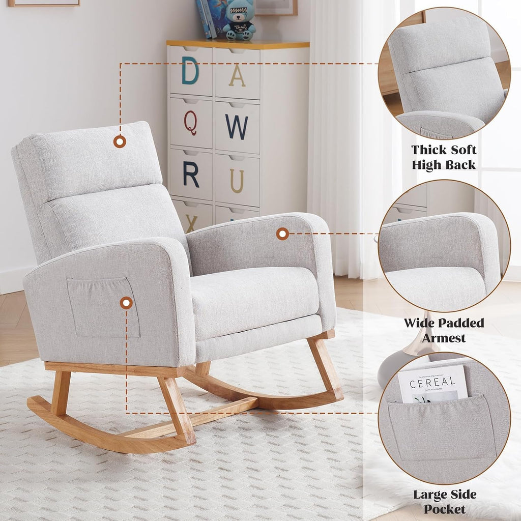 HCHAIRH Rocking Chair Nursery with Foot Rest, Nursing Rocking Chairs for Mom Breastfeeding, Rocker Glider Chair with High Backrest for Living Room, Bedroom, Light Grey