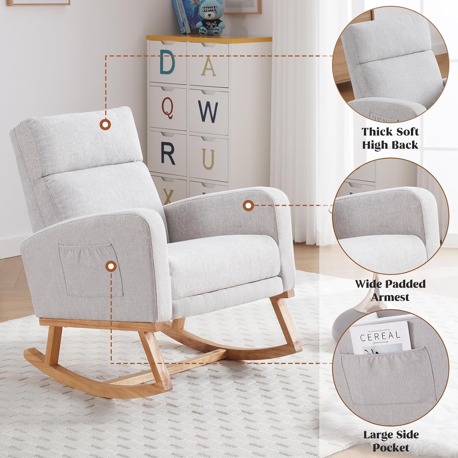 HCHAIRH Rocking Chair Nursery with Foot Rest, Nursing Rocking Chairs for Mom Breastfeeding, Rocker Glider Chair with High Backrest for Living Room, Bedroom, Light Grey