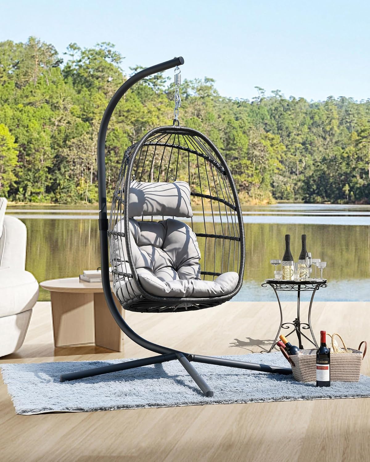 HWB Hanging Egg Chair with Stand, Patio Wicker Egg Swing Chair with Cushion for Bedroom Garden Indoor Outdoor (Grey)