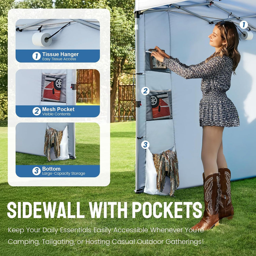 CROWN SHADES Canopy Tent 10x10 Pop Up Canopy Outdoor Shade with Pockets Sidewall, Easy Up Sun Shelter with One Person Set Up Center Lock, Portable Instant Camping Beach Canopy Tents, Grid White