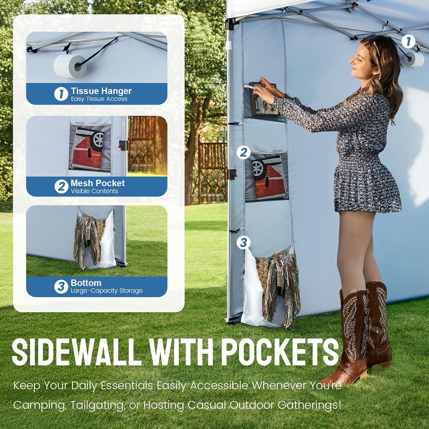 CROWN SHADES Canopy Tent 10x10 Pop Up Canopy Outdoor Shade with Pockets Sidewall, Easy Up Sun Shelter with One Person Set Up Center Lock, Portable Instant Camping Beach Canopy Tents, Grid White