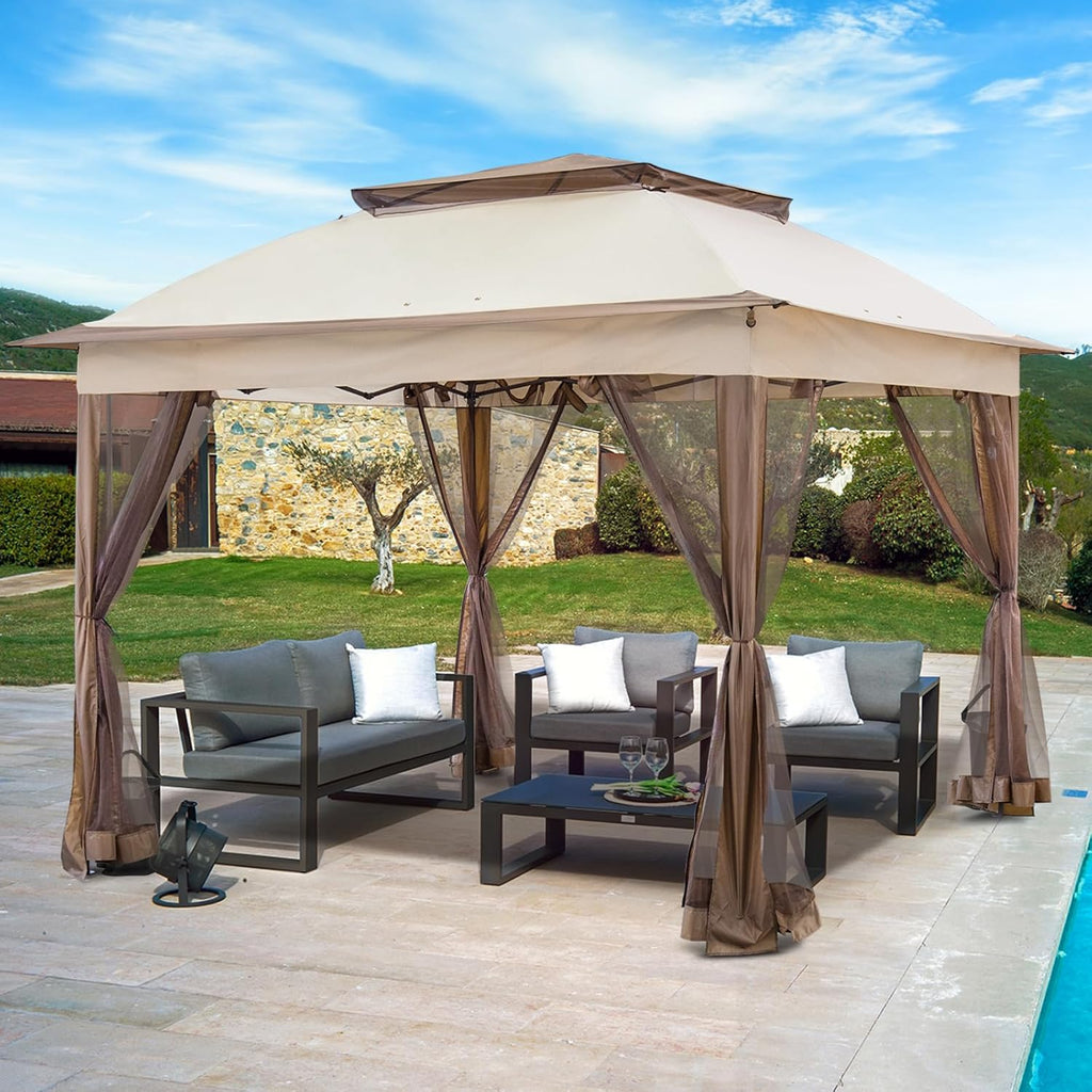 11x11 Pop Up Gazebo Tent with Mesh Netting, Instant Outdoor Canopy with UPF 50+ UV Protection, Water Resistant, Beige