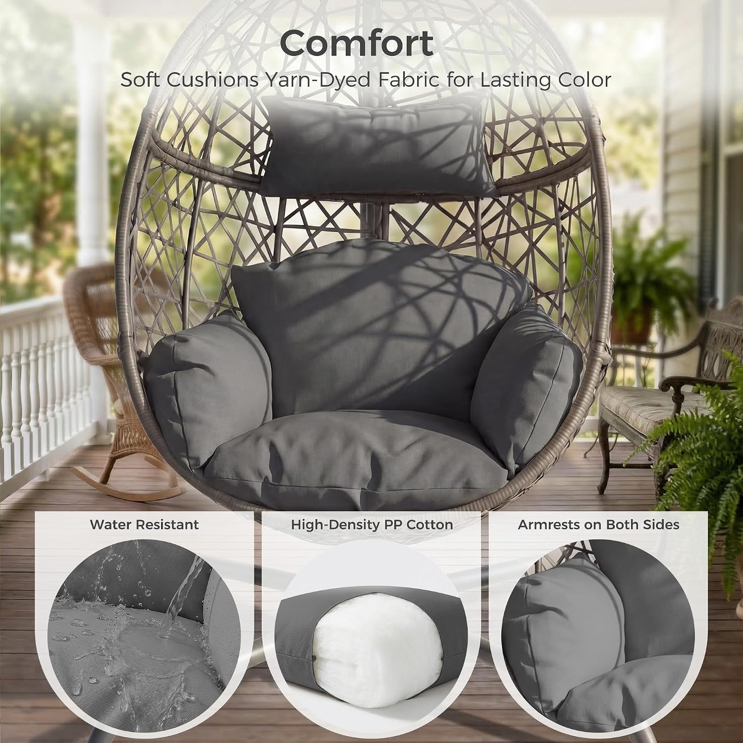 BULEXYARD Oversized Hanging Egg Chair with Stand, Indoor Outdoor Wicker Bird Cage Swing Chair, Patio Hammock Egg-Shaped Swinging Chair with Dark Grey Cushion for Garden, Bedroom, 350LBS Capacity