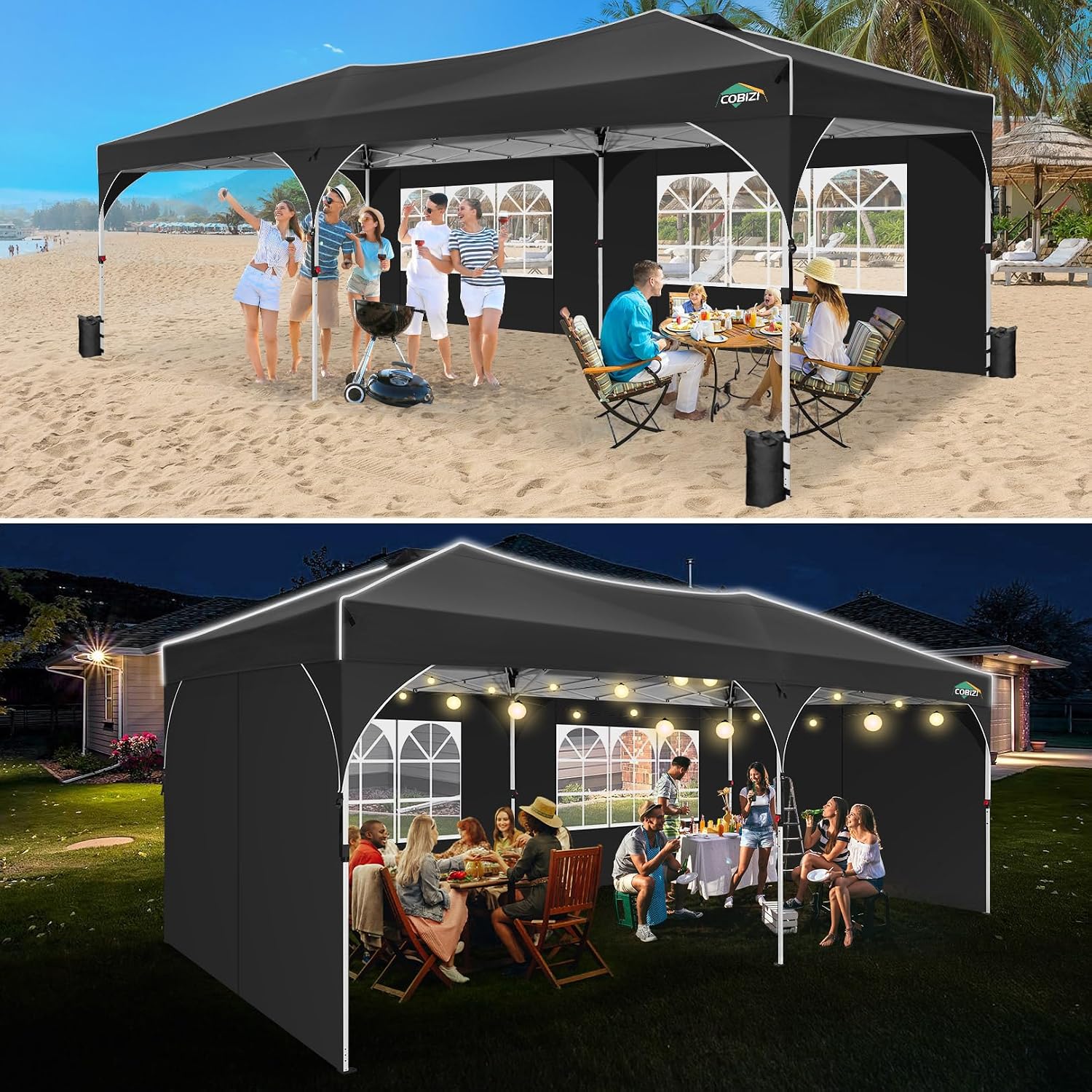 COBIZI 10x20 Pop Up Canopy Tent, Outdoor Party Tent with 4 Sidewalls, 1 Person Easy Set up, Tents for Parties with Fluorescent Strip & 4 Sandbags, Waterproof UPF50+, 3 Adjustable Height, Black
