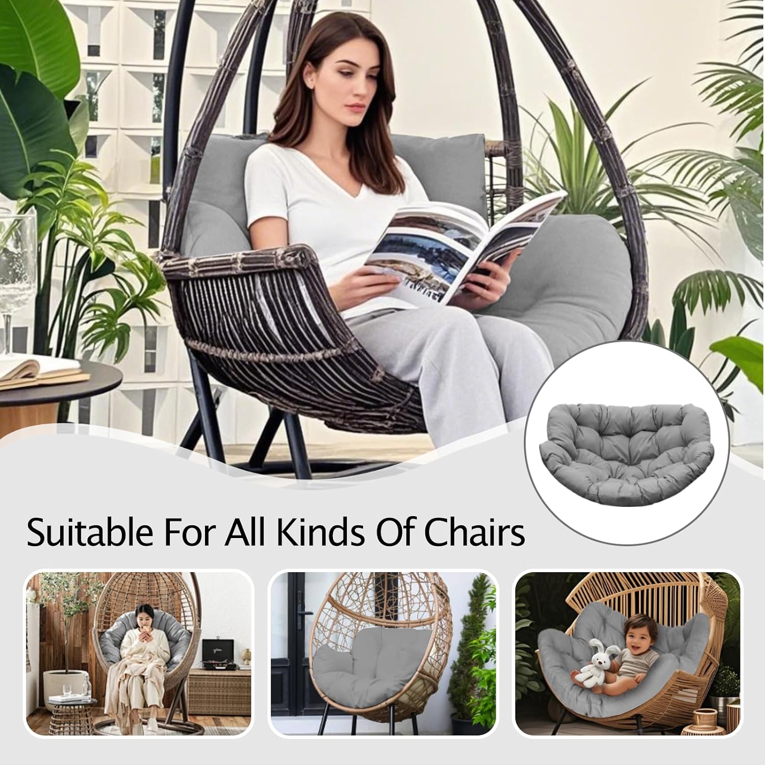 Thickened Waterproof Papasan Rocking Chair Cushion – 6.3'' Patio Egg Chair Pad with Ties, Outdoor/Indoor Rattan Hammock Chair Cushion for Porch, Garden, Balcony (Only Cushion) (French Grey)