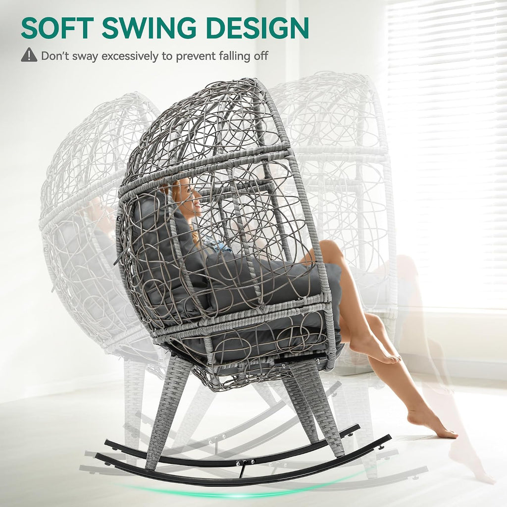 YITAHOME Wicker Rocking Egg Chair with Cushioned Comfort, Patio Rocker 250lb Capacity, Anti-Slip, All-Weather Resilient Rattan Design for Indoor & Outdoor Relaxation Spaces, Grey