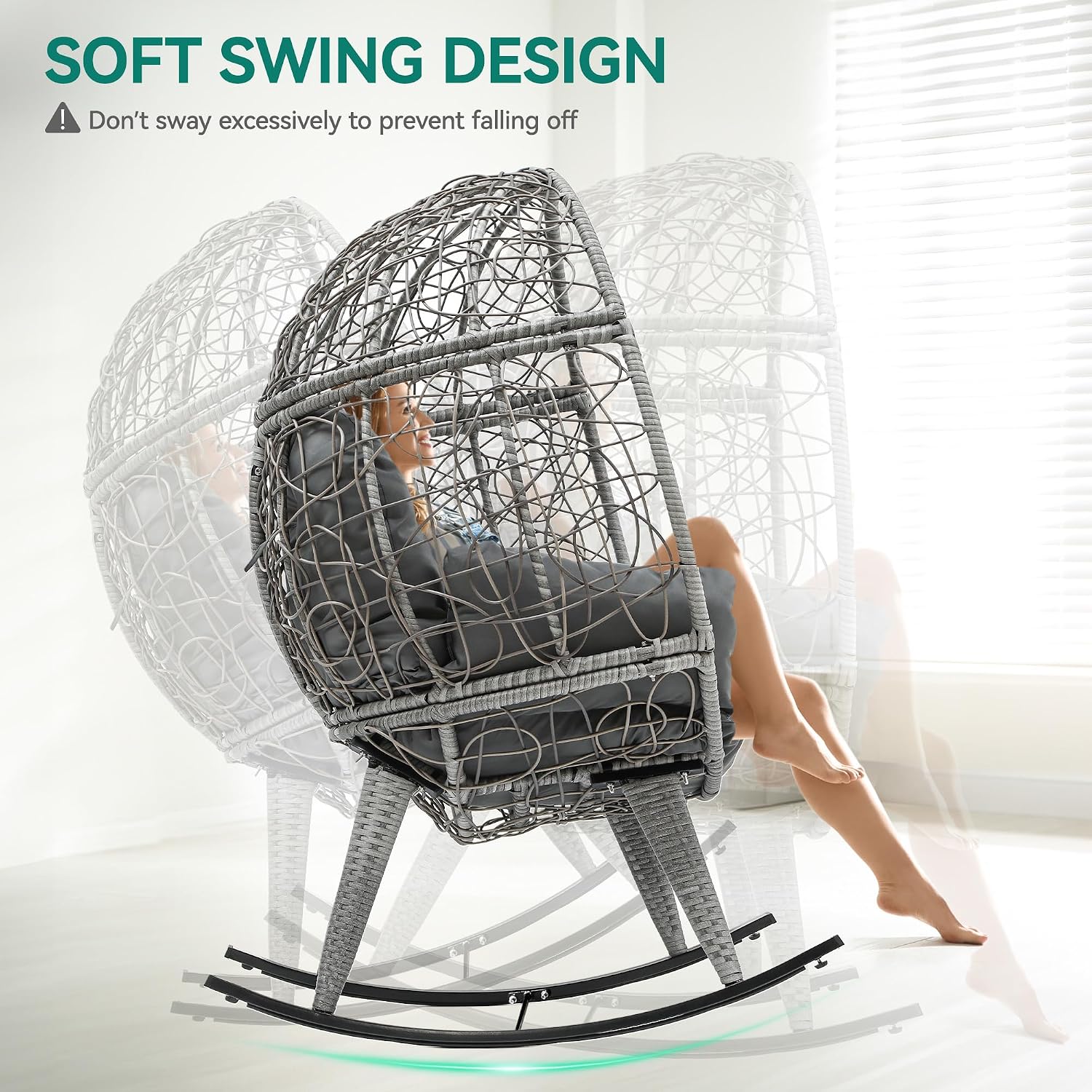 YITAHOME Wicker Rocking Egg Chair with Cushioned Comfort, Patio Rocker 250lb Capacity, Anti-Slip, All-Weather Resilient Rattan Design for Indoor & Outdoor Relaxation Spaces, Grey
