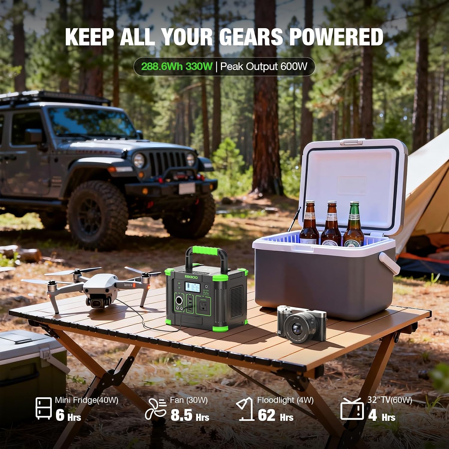 300W Portable Power Station 288.6Wh Solar Generator with 600W Peak, PD 60W USB-C, QC3.0 & 5W Wireless Charger for Camping, Emergency Backup, RV & Home Use