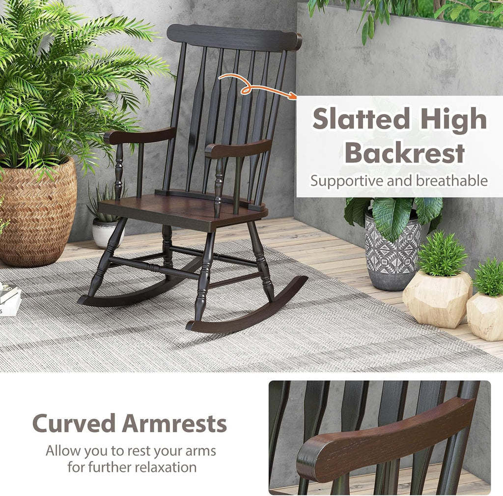 Tangkula Patio Rocking Chair Solid Rubber Wood, Outdoor Porch Rocker Chair with Rubber Wood Frame, Indoor Wooden Rocking Chair, Ideal for Garden, Backyard & Balcony (1, Espresso)