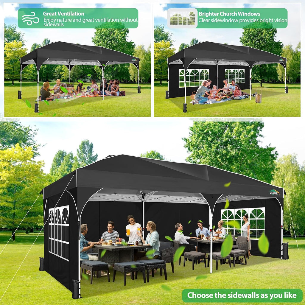 COBIZI 10x20 Pop up Canopy Tent with 4 Sidewalls Outdoor Canopy Tent for Party with Push Center Lock & Air Vent, 2000mm+Waterproof Gazebo Canopy UPF 50+with 4 Sandbags,12 Stakes & 6 Ropes,Black