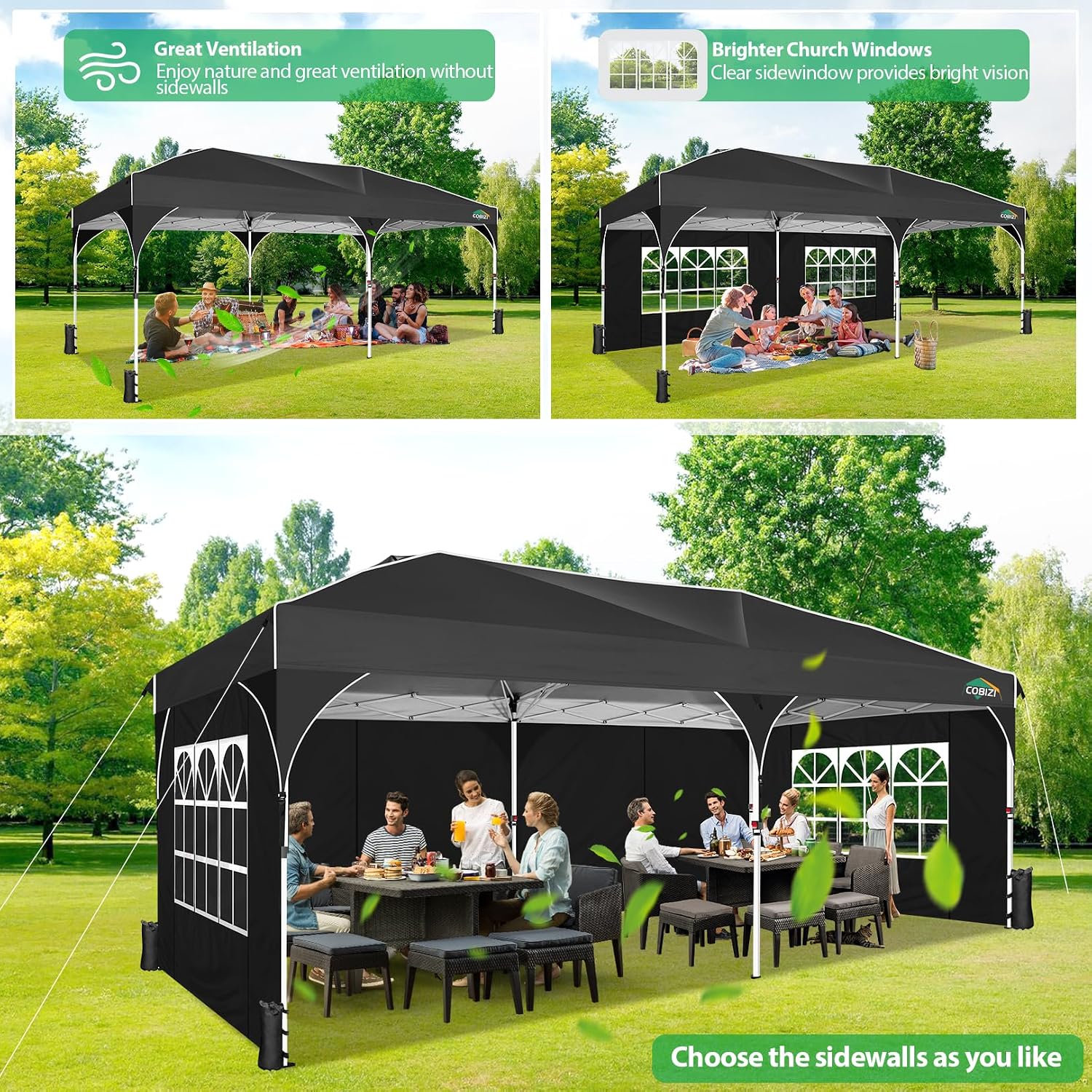 COBIZI 10x20 Pop up Canopy Tent with 4 Sidewalls Outdoor Canopy Tent for Party with Push Center Lock & Air Vent, 2000mm+Waterproof Gazebo Canopy UPF 50+with 4 Sandbags,12 Stakes & 6 Ropes,Black