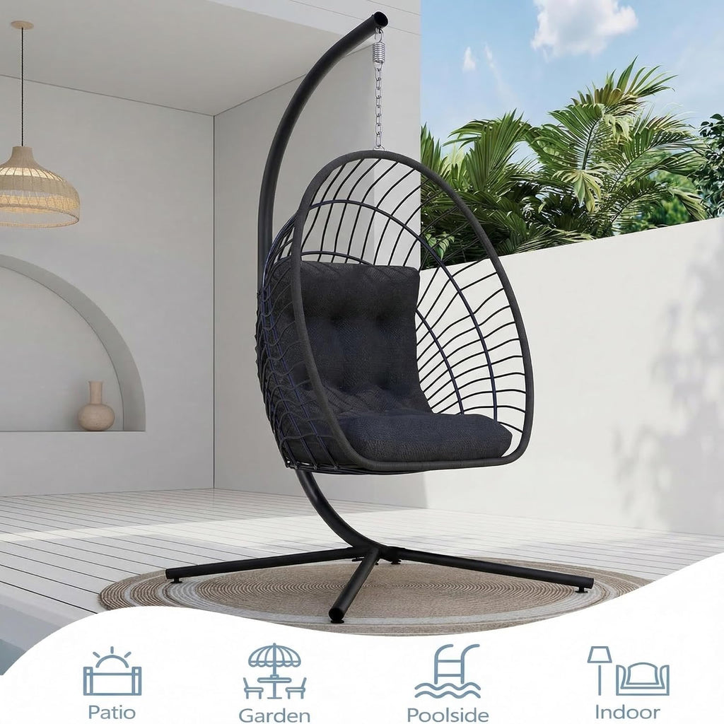 Kingdura Hanging Egg Chair with Stand Indoor Outdoor, Foldable Rattan Wicker Hammock Egg Swing Chair for Bedroom Porch Patio Garden, Thickened Cushion, 350LBS Capacity, Heavy Duty Frame