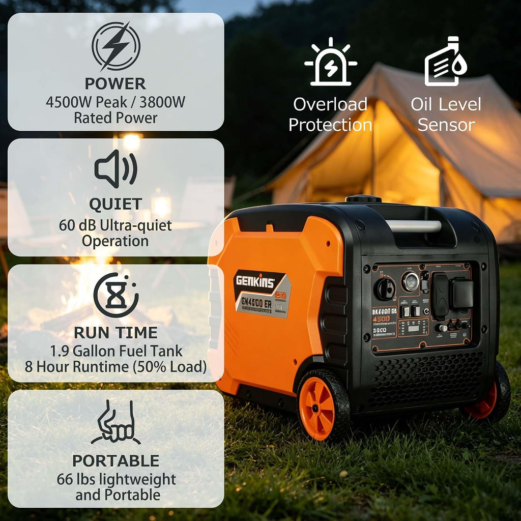 Genkins 4500W Portable Inverter Generator Gas Powered Pure Sine Wave Lightweight Quiet Electric and Remote Start Parallel Capability for Camping RV Home Backup