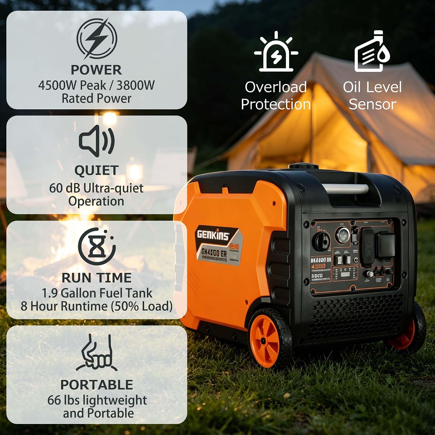Genkins 4500W Portable Inverter Generator Gas Powered Pure Sine Wave Lightweight Quiet Electric and Remote Start Parallel Capability for Camping RV Home Backup