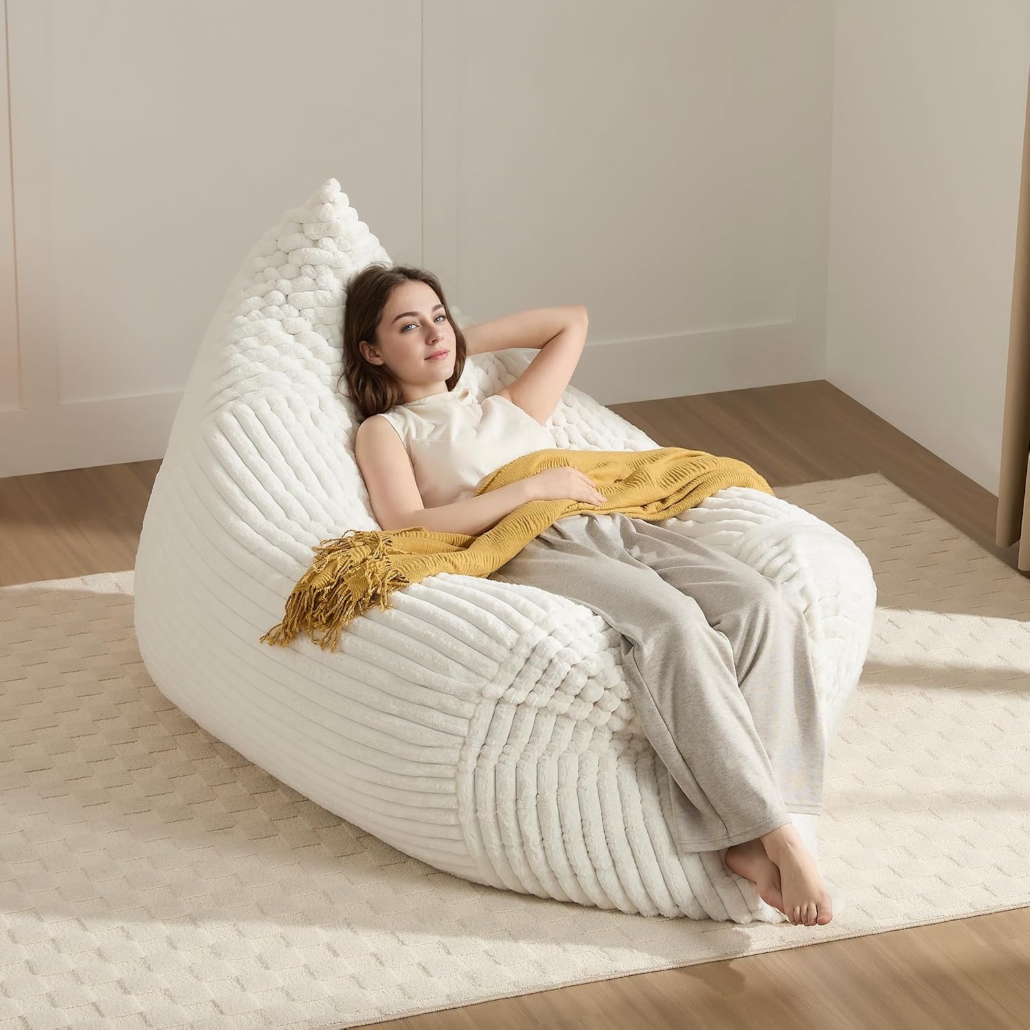 3-in-1 Giant Bean Bag Chair for Adults & Kids, Convertible Floor Sofa to Mattress, High-Density Foam Chair Bed with Washable Cover, Multi Functional Lounge Couch for Bedroom, Living Room (Beige)
