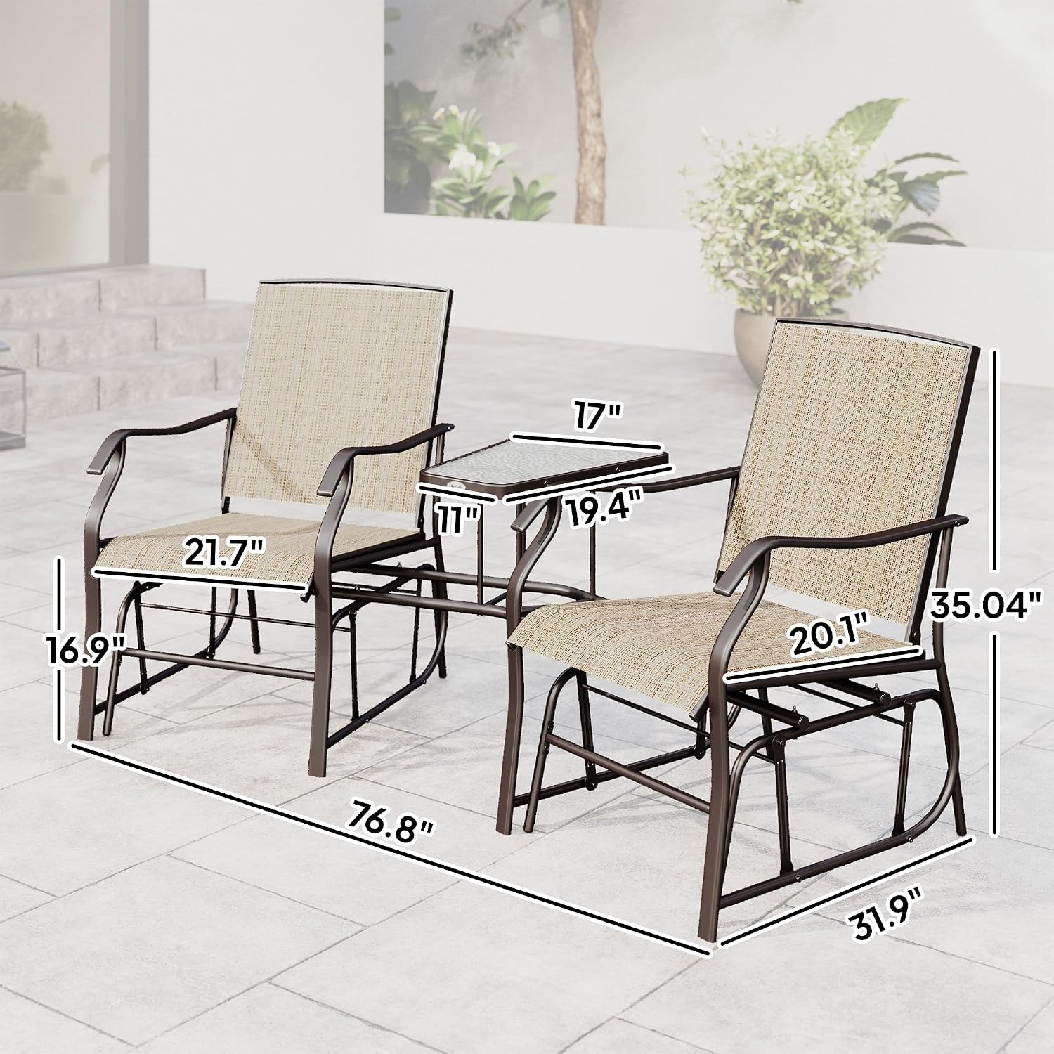 Outsunny Outdoor Glider Chairs with Coffee Table, Patio 2-Seat Rocking Chair Swing Loveseat with Breathable Sling for Backyard, Garden, and Porch, Light Brown