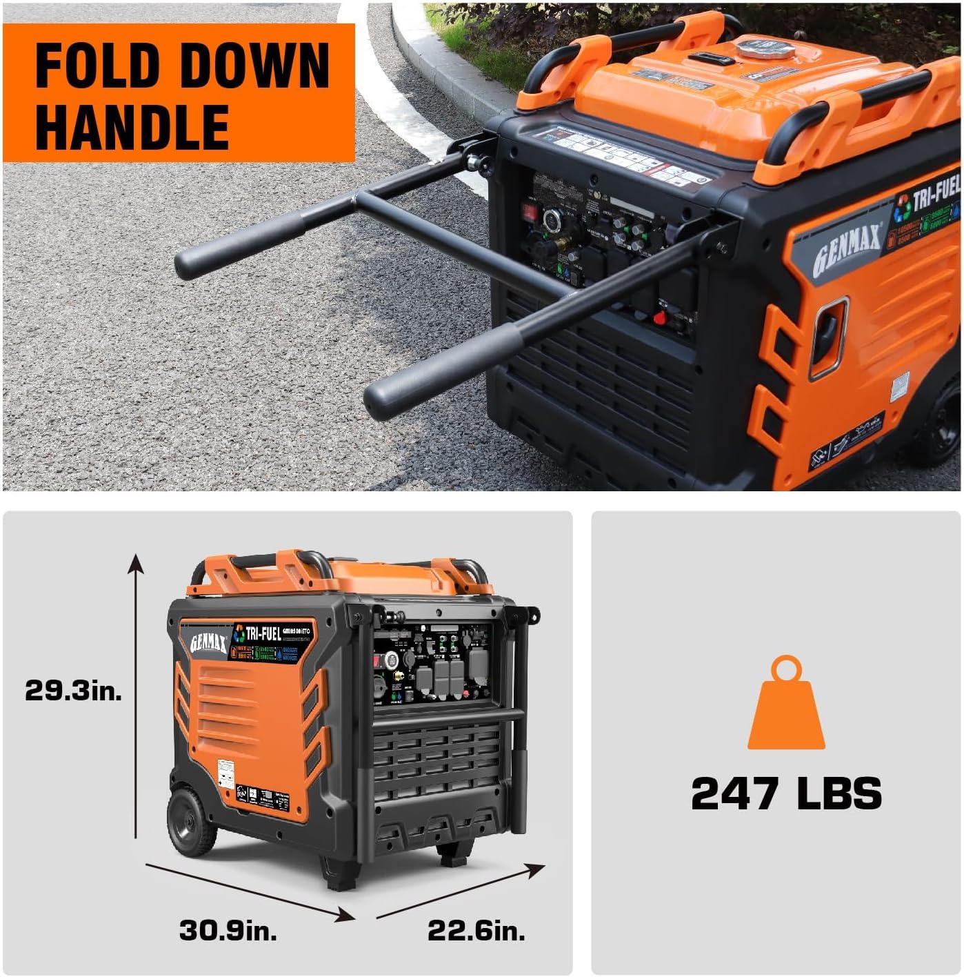 GENMAX Tri Fuel Generator,10500-Watt 458cc Tri Fuel Gasoline Propane Natural Gas Portable 50A Generator with Remote Start,Ideal for Home backup power.