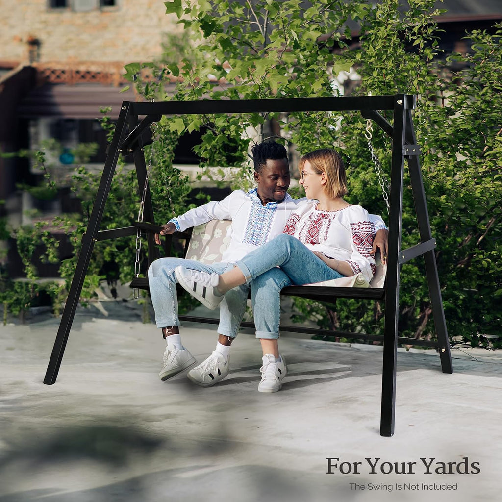 VINGLI 6.9FT Porch Swing Frame, 660 LBS Heavy Duty A-Frame Wooden Porch Swing Stand with Bottom Connection Bar for 5FT Porch Swing, Upgraded Wood Swing Hanger for Garden Patio (Black, 6.9FT)
