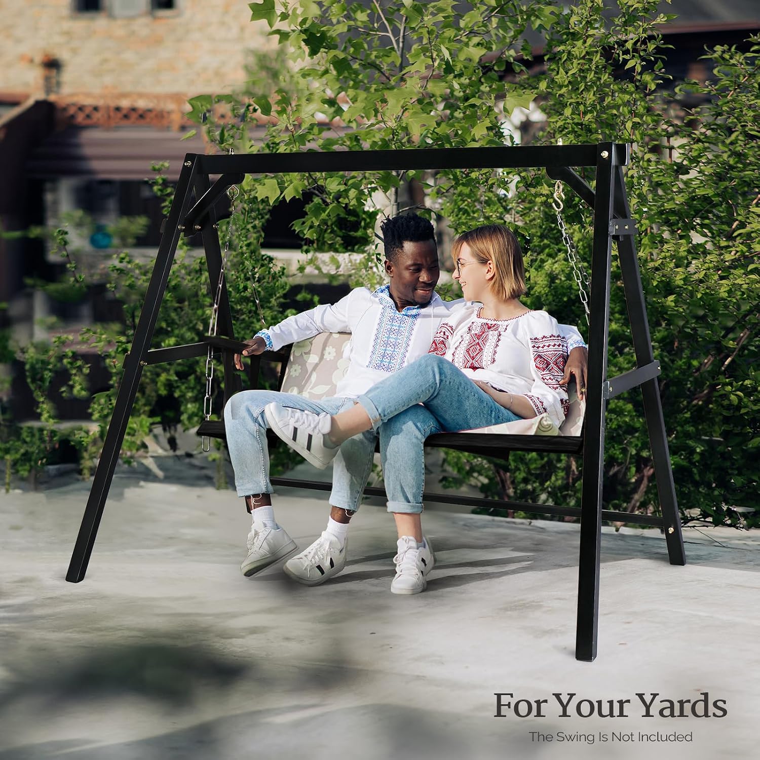 VINGLI 6.9FT Porch Swing Frame, 660 LBS Heavy Duty A-Frame Wooden Porch Swing Stand with Bottom Connection Bar for 5FT Porch Swing, Upgraded Wood Swing Hanger for Garden Patio (Black, 6.9FT)