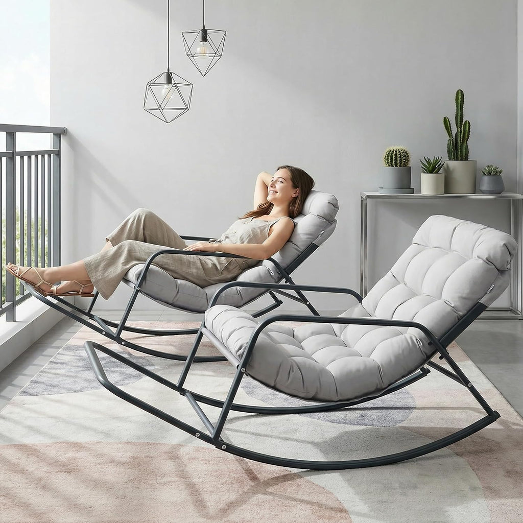 NICESOUL Set of 2 Papasan Rocking Chair with Footrest, Outdoor Rocking Chair with Cushion, Oversized Patio Rocker, Modern Lounge Comfort, Heavy Duty Steel Frame, Indoor Porch, Grey