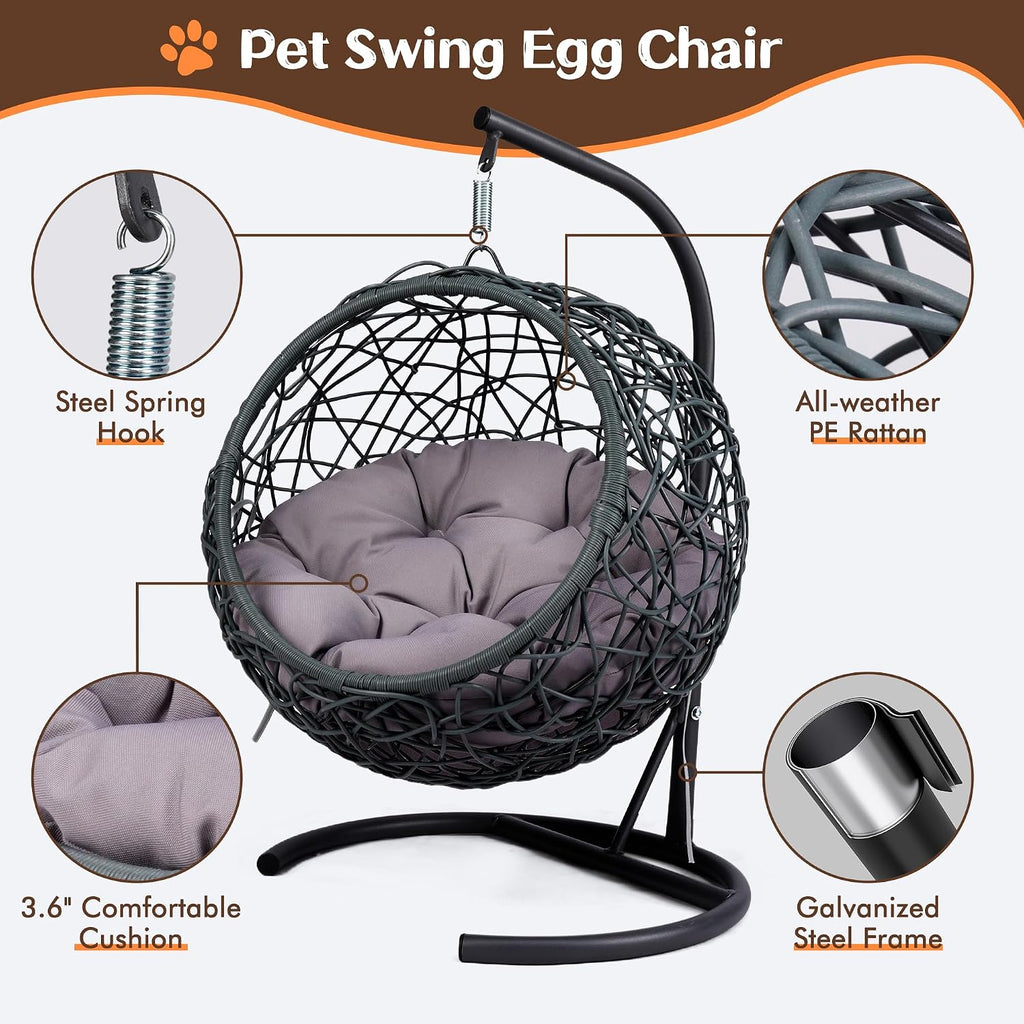 Cat Swing Bed with Aluminum-Steel Stand & Soft Cushion, Cat Egg Chair with HDPE Rattan Wicker Appearance, Indoor Hanging Pet Bed for Kitten, Puppy, Small Dogs (Grey, Hemispherical)