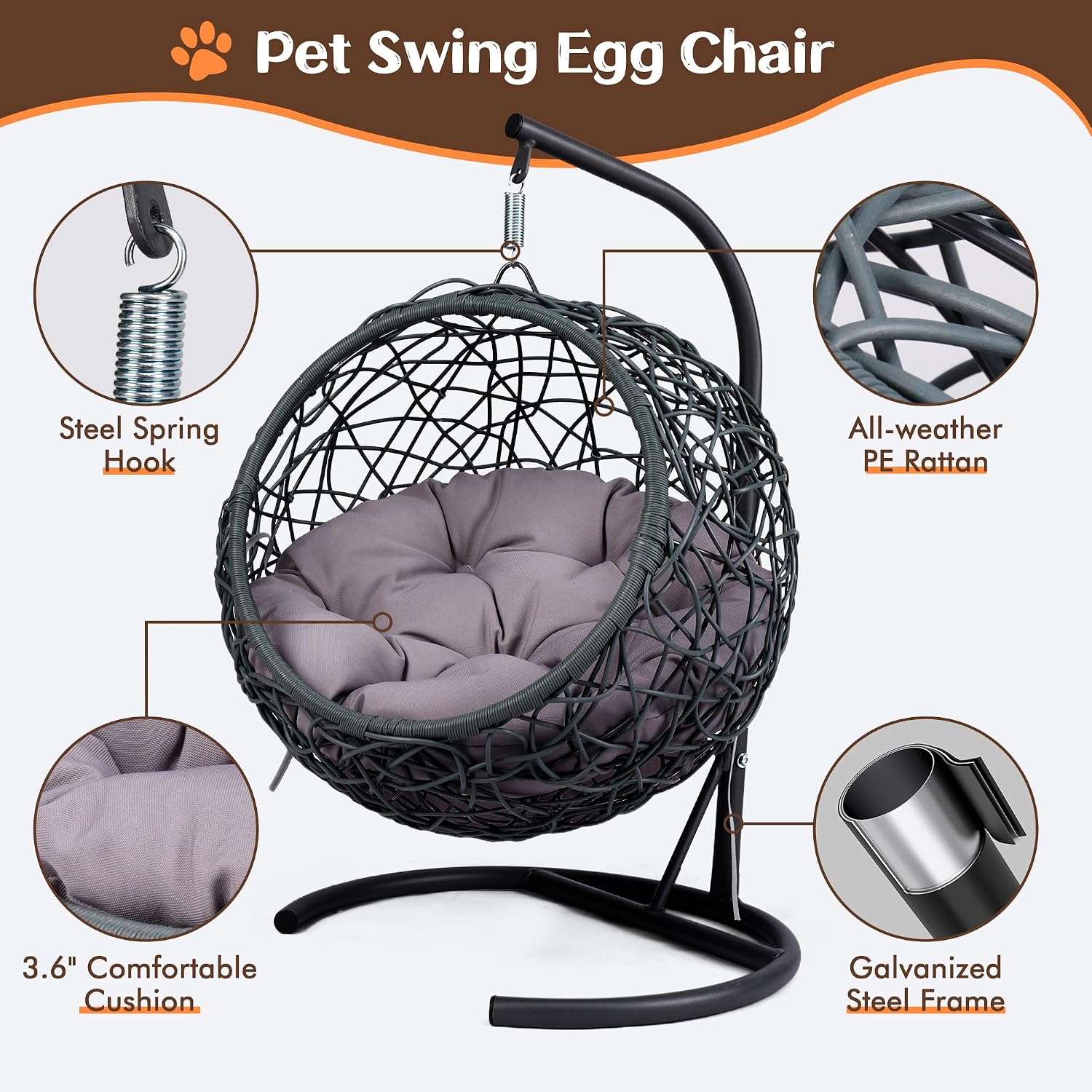 Cat Swing Bed with Aluminum-Steel Stand & Soft Cushion, Cat Egg Chair with HDPE Rattan Wicker Appearance, Indoor Hanging Pet Bed for Kitten, Puppy, Small Dogs (Grey, Hemispherical)