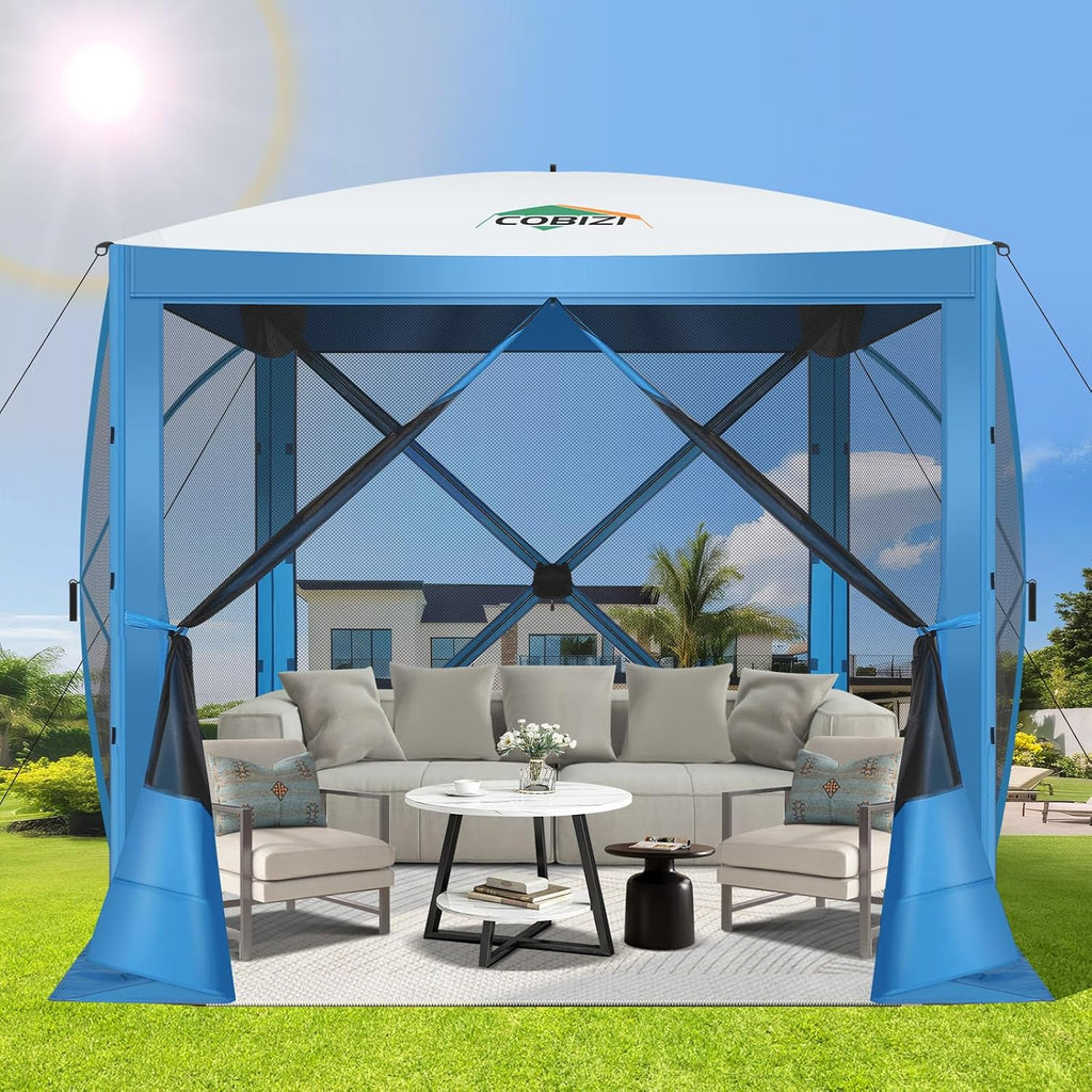 COBIZI Pop Up Gazebo Screen Tent Screen House for Camping, 8FTx8FT Screen Room with Mosquito Netting, Hub Tent Instant Screened Canopy with Carrying Bag and Ground Stakes, Blue