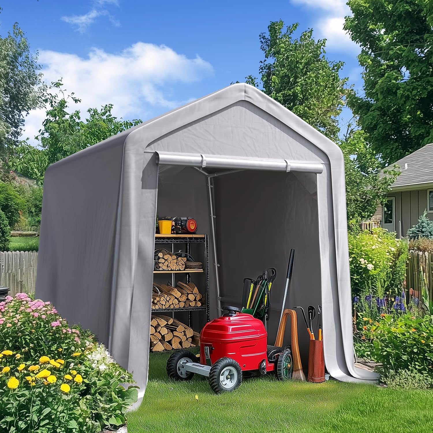 Quictent 6x8FT Garden Tool Shed Storage Shelter with Roll-Up Mesh Windows, Heavy Duty Portable Garage for Lawn Mower, Garden Tools Waterproof Storage Tent with Reinforced Frame, Sliver Gray