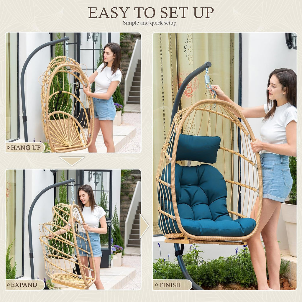 Yechen Hanging Egg Chair with Stand & Footrest, Foldable Wicker Rattan Swing Chair for Indoor Outdoor, Patio Hammock Chair with UV-Resistant Cushion, 350 lbs Capacity for Bedroom Porch Garden